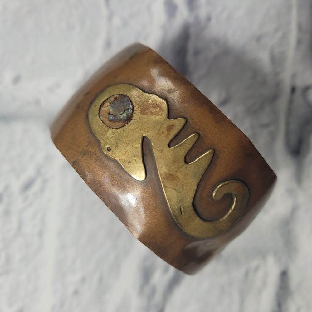 Primitive Seahorse Copper, Brass & Abalone Cuff Bracelet - Picture 2 of 8